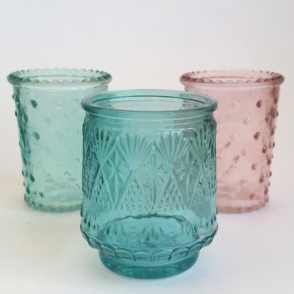 Vintage Shabby Chic Pink Sea Green and Aqua Blue Candle Glass Votives Set of 3 - Picture 10 of 11